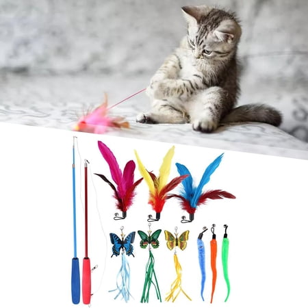 11 Pieces Thing Cat Feather Toy Feather Refills 2 Telescopic Poles Dangle Bell Exerciser Teaser Rod Exercise Kitten
