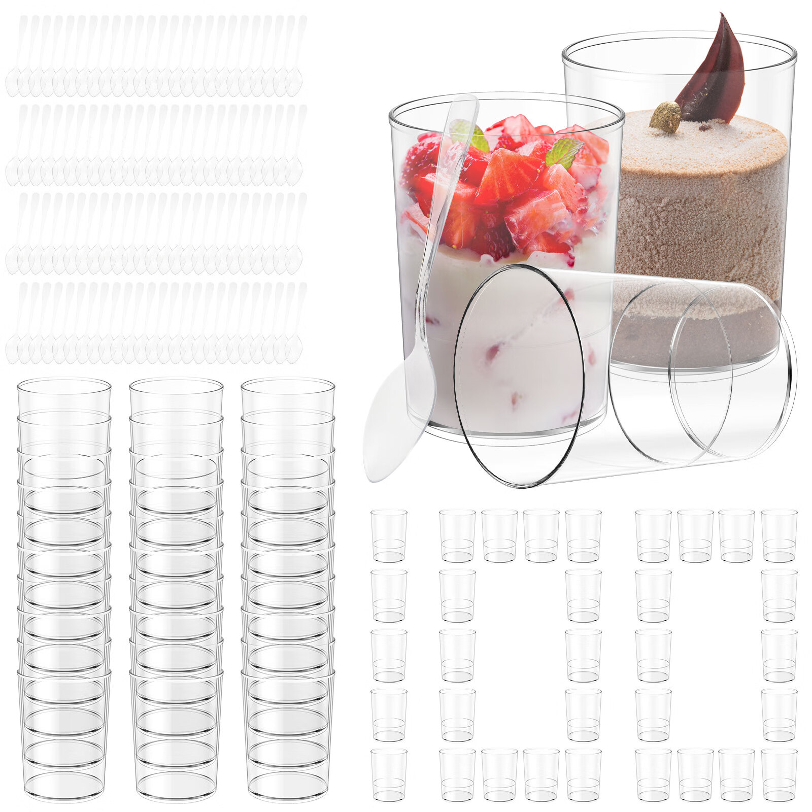 50/100 Pcs Tasses à Dessert avec Cuillères 95ML Mini Tasses à Gâteau Réutilisables Tasses à Parfait Apéritif Tasses Empilables pour Pudding Tasses de Service pour Dessert Pudding Mousse Yaourt Collations