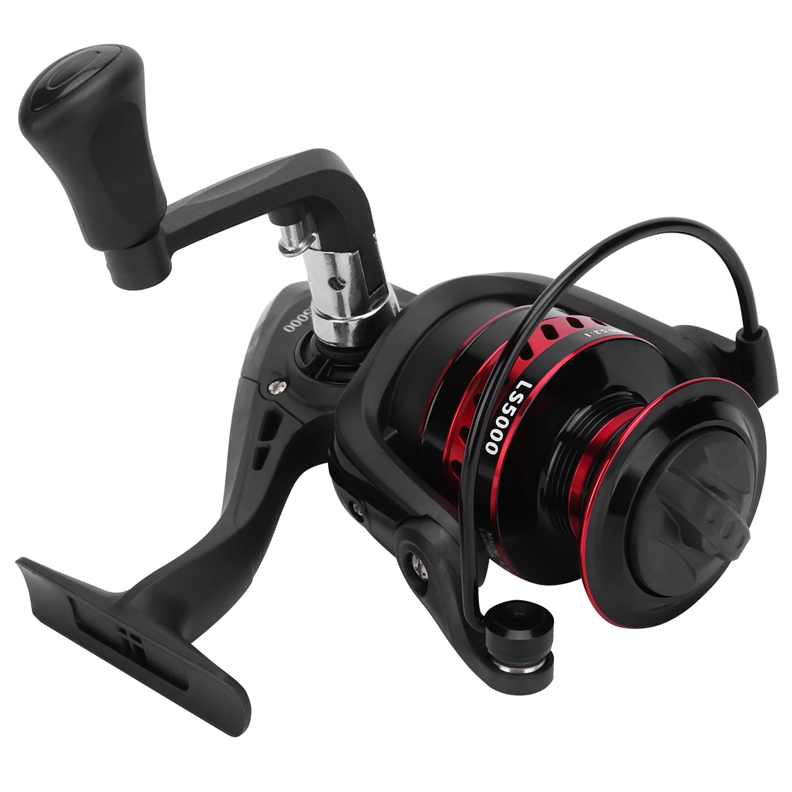 YAHHU Portable Metal Sea Rod Spinning Fishing Line Reel Rocking Raft Accessory LS5000 Red Black with 5.2:1 Gear Ratio for Saltwater Freshwater Fishing Ambidextrous Retrieve (5.12 inches / 13 cm)