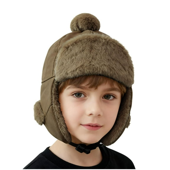 FAWUUDO Kids Winter Trapper Hat Outdoor Windproof Warm Skiing Cap with Earflap Faux Fur Hunting Hat