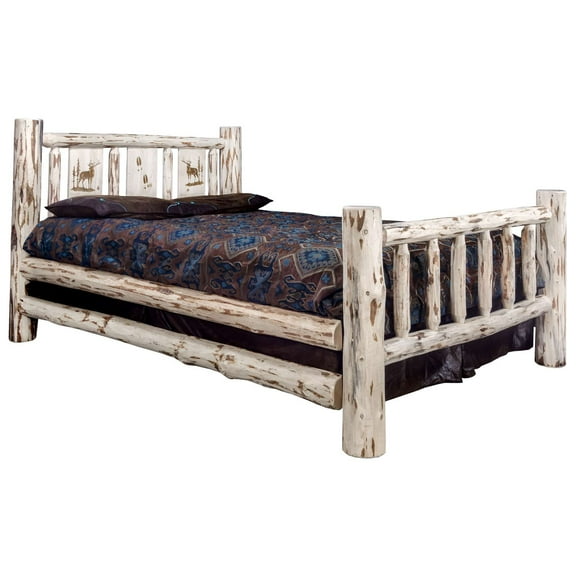 Montana Collection Twin Bed w/ Laser Engraved Elk Design, Clear Lacquer Finish