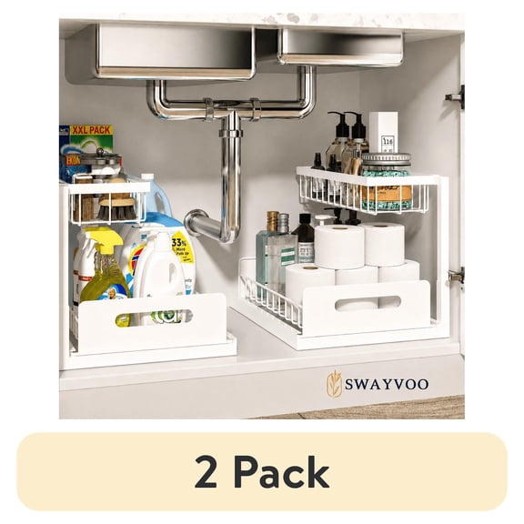 (2 pack) Swayvoo Under Sink Organizer 2 Pack 2-Tier Adjustable Sliding Under Sink Storage for Bathroom & Kitchen Cabinet, Pull-Out Basket Organizer, White