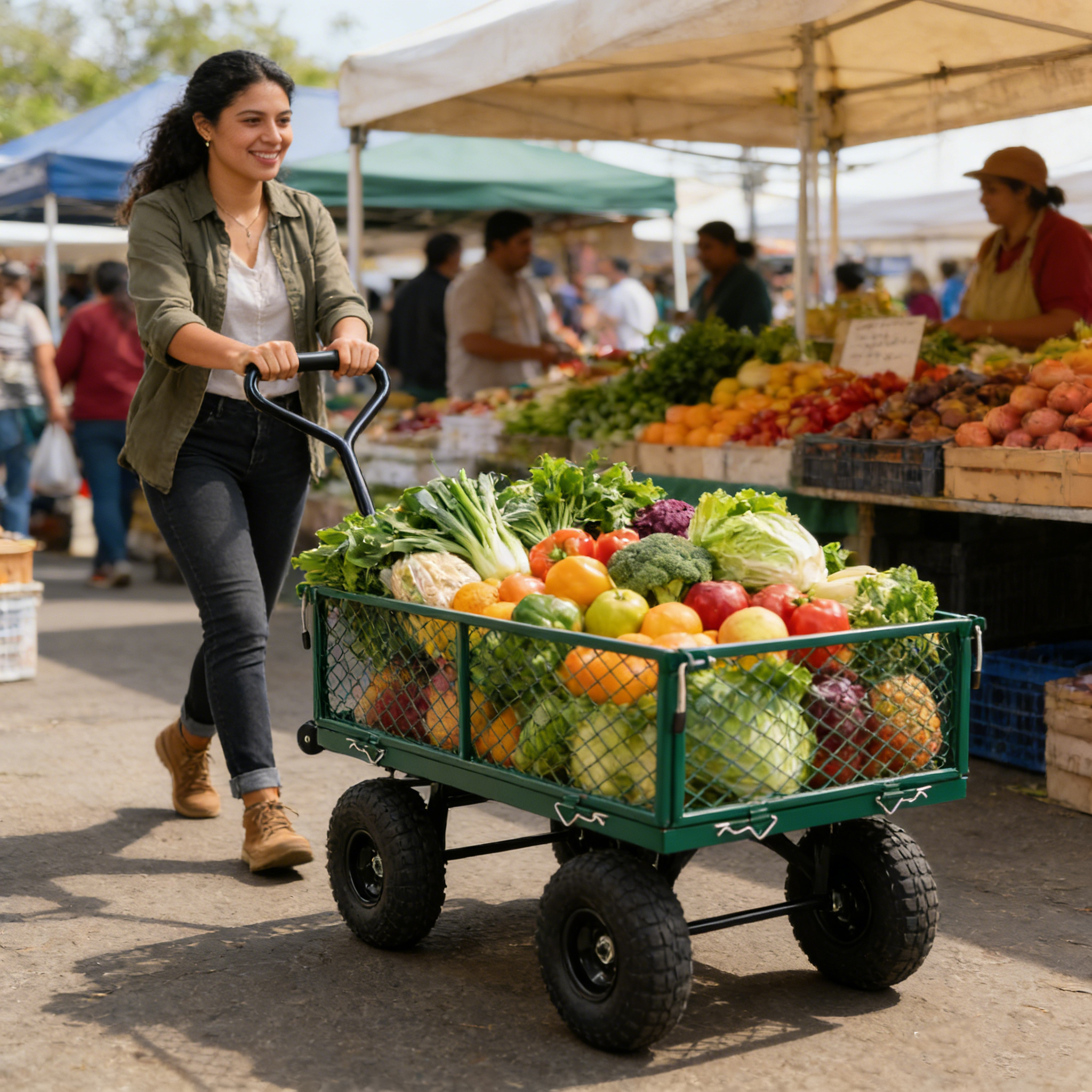 550lbs Foldable Garden Wagon Cart, Green Utility Truck with 10" Pneumatic Tires, 4-Side Removable Mesh & 180° Rotating Handle, Heavy-Duty Steel Frame for Firewood Plants Soil Transport