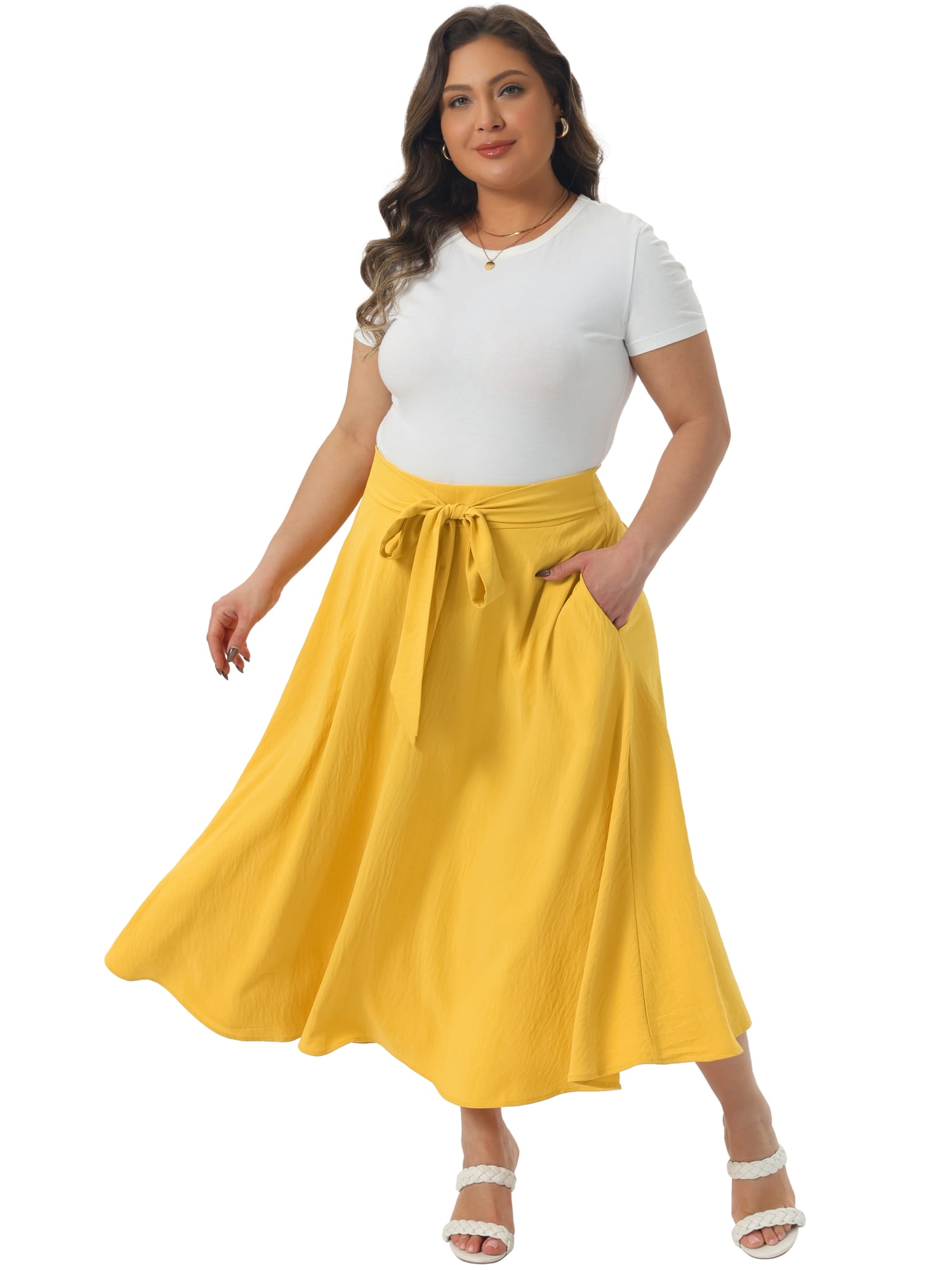 DARING DIVA Women's Plus Size High Waist A-Line Skirt with Pockets 1X Yellow