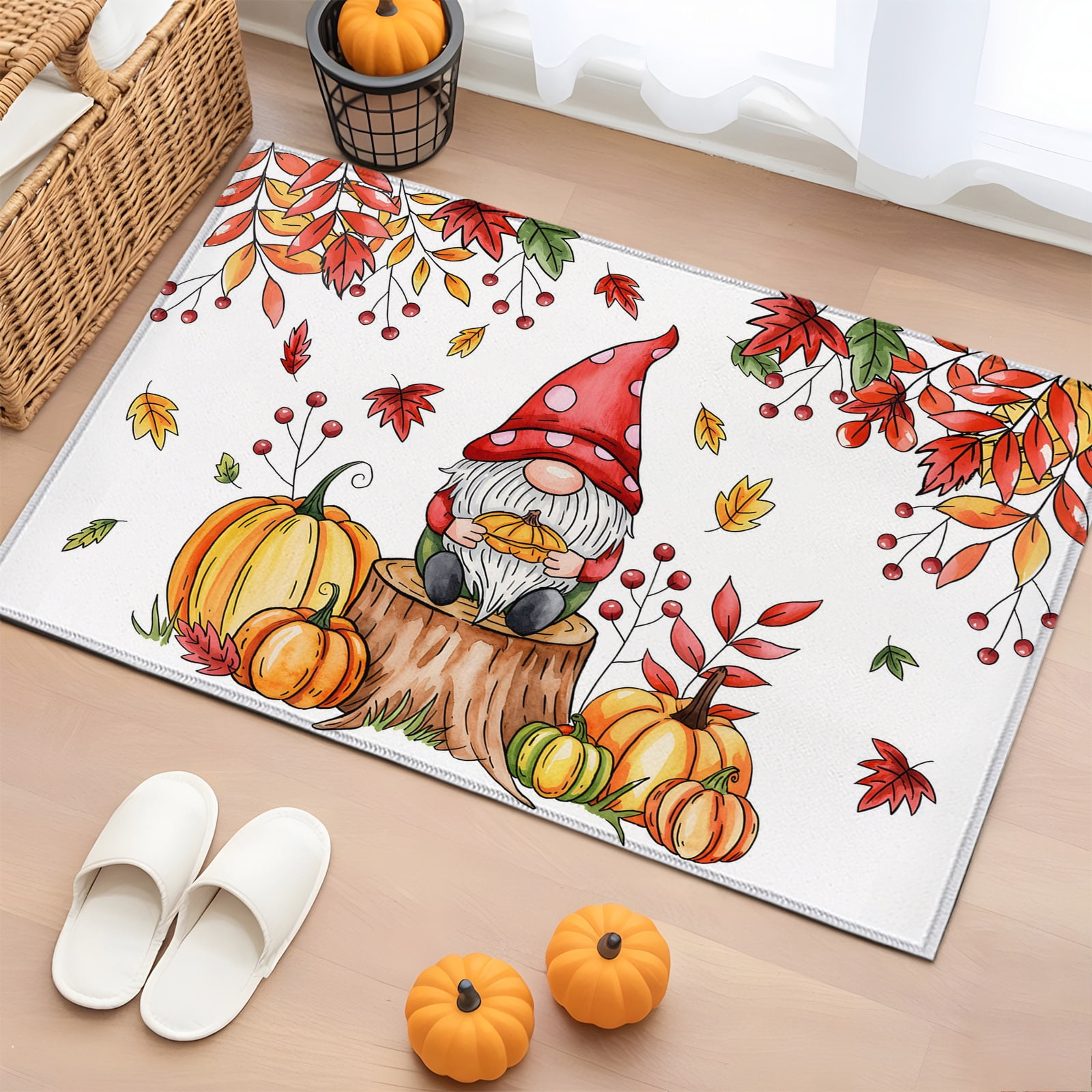 Rectangle Rug 2x3ft Area Rug Autumn Pumpkin Dwarf Maple Leaf Area Rugs for Living Room Bedroom Watercolor Fall Plant Floor Mat Non-Slip Non-Shedding Carpet Indoor Accent Rugs