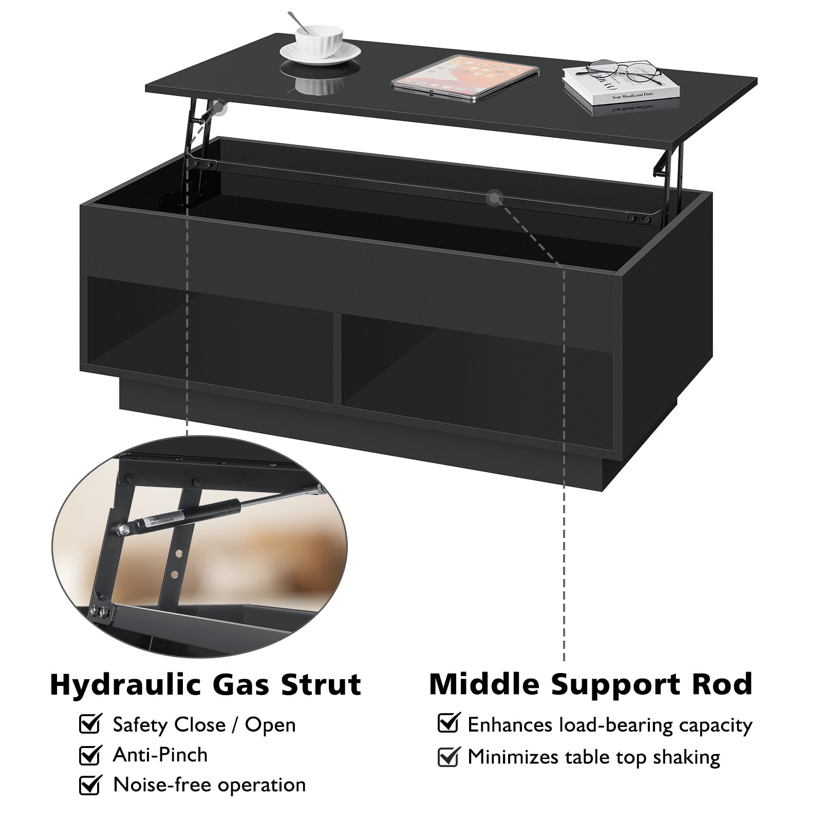 Hommpa Lift Top Coffee Table with Hidden Compartment High Gloss Black Coffee Tables LED Center Rising Cocktail Table for Living Room Accent Furniture