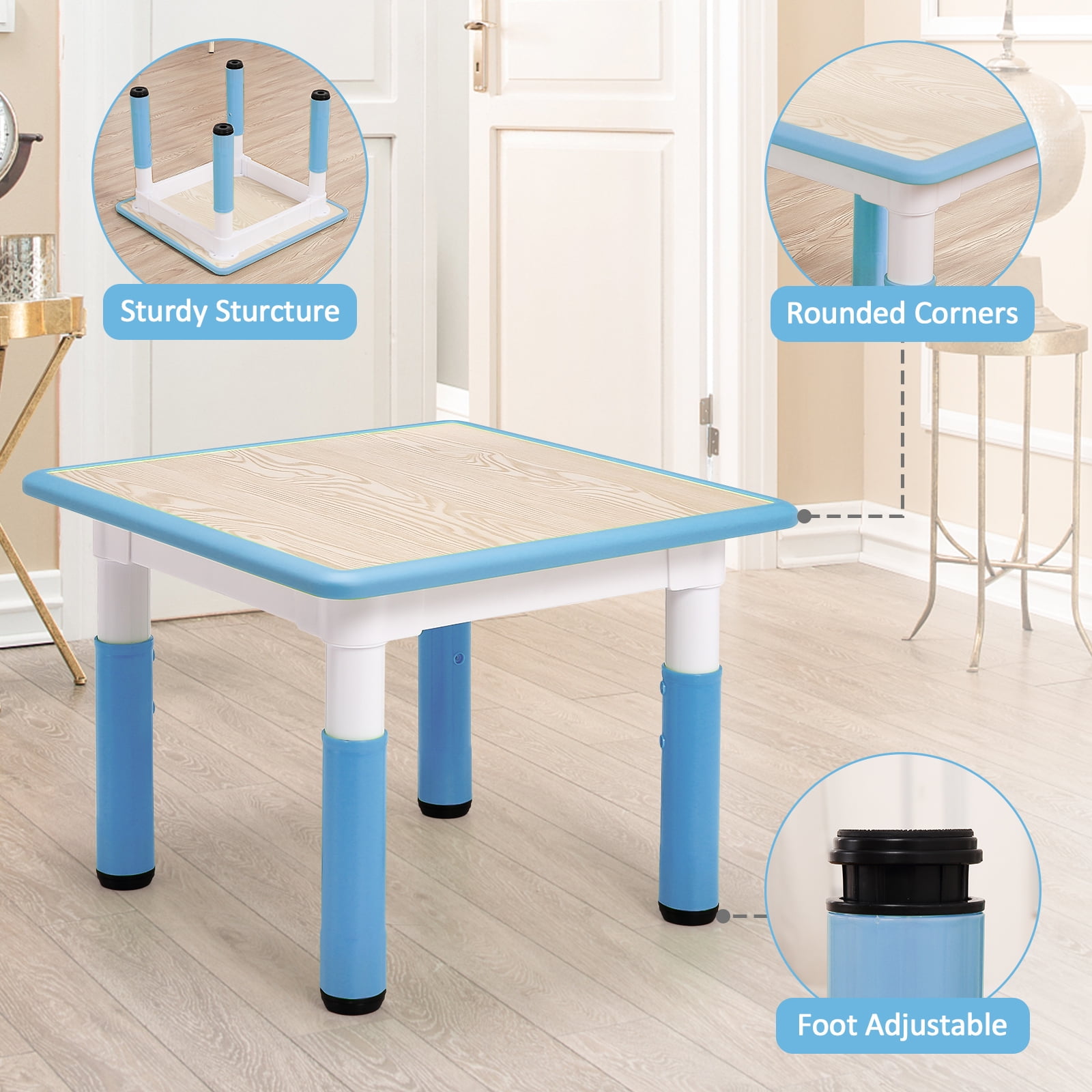 Kids Table and Chairs Set with 4 Seats, Adjustable Height Desk with Non-Slip Legs, Graffiti Table Top, for Ages 2-10, Multi-Activity Table for Classrooms, Daycares, Home