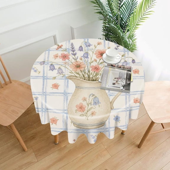 RKSupls 60 Inch Round Tablecloth, Floral Pitcher Bouquet Premium Polyester Straight Edge Wrinkle Resistant Washable Table Cover for Party Home Dining Decor