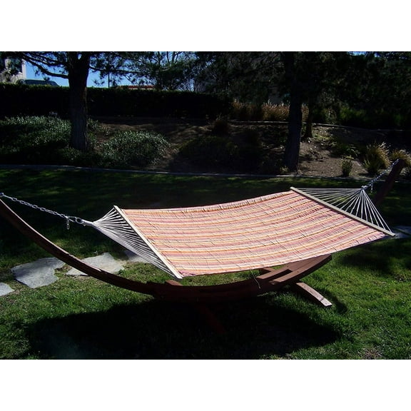 Petra Leisure 14 Ft. Coffee Stain Wooden Arc Hammock Stand Quilted Fiesta Color, Double Padded Hammock Bed. 2 Person Bed. 450 LB Capacity