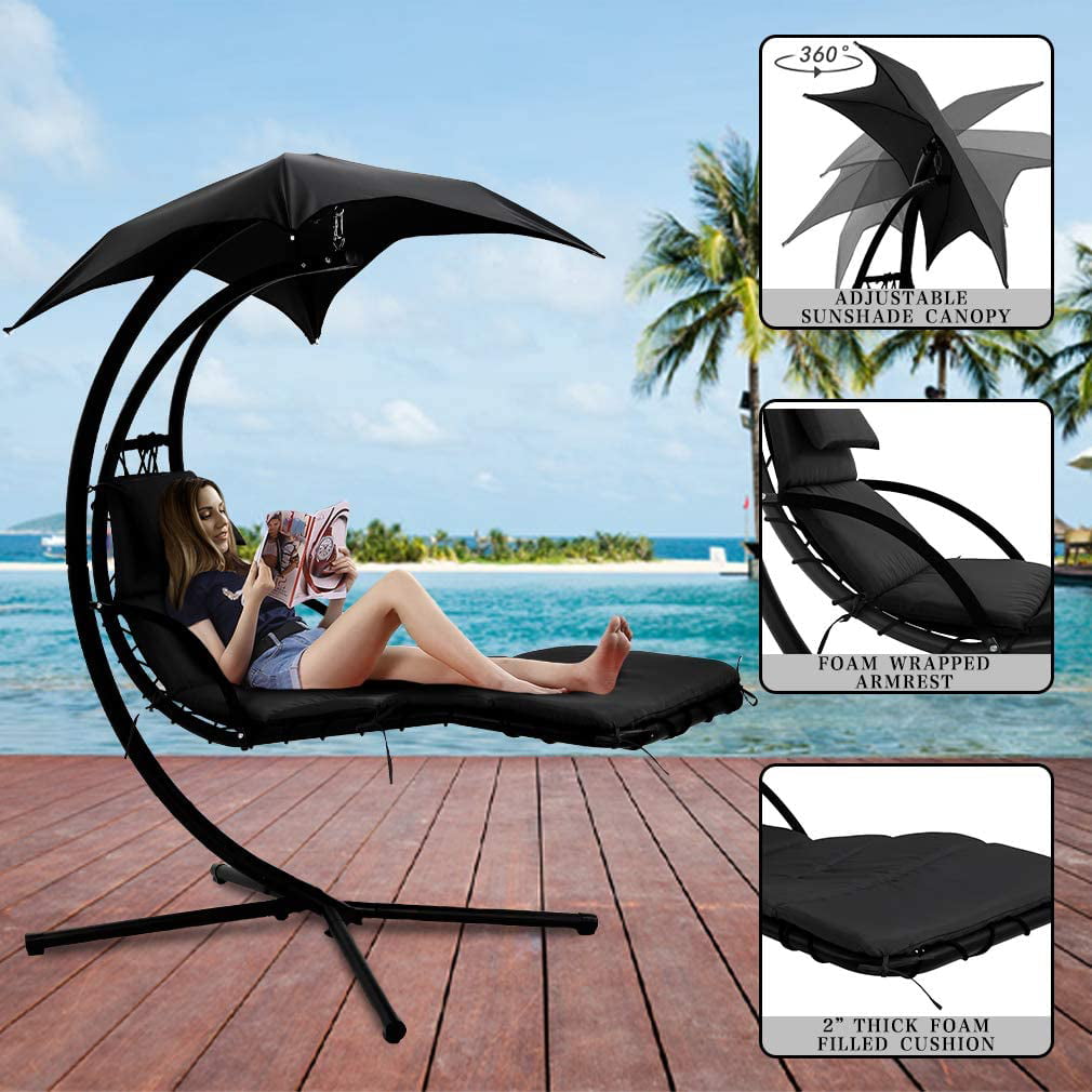 Heavy Duty Large Air Floating Chaise Chair for Patio Backyard Deck Garden Hammock Chair Hanging Chair Lounge Chairs Outdoor Porch Swing Arc Stand with Canopy Umbrella and Pillow 280 LBS Capacity 