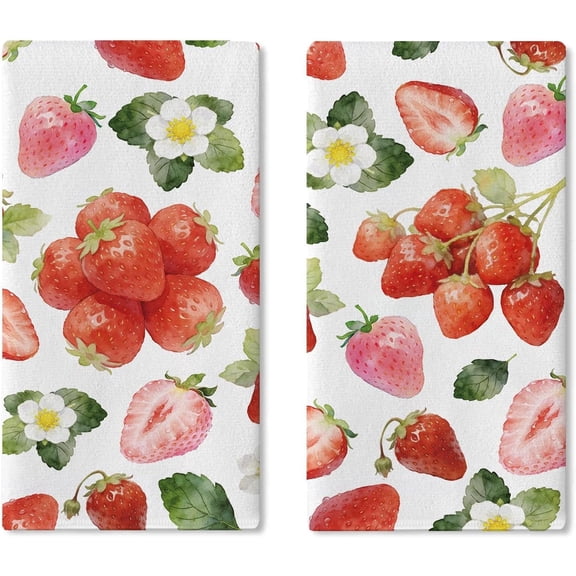 Watercolor Strawberry Kitchen Dish Towels Set of 2, Spring Summer Fruit Flower Drying Hand Towel Baking Cooking Cloth, Floral Farmhouse Bathroom Home Decoration 18'' x 26''