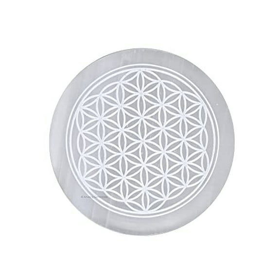 Selenite Charging Plate, Flower of Life Engraved Crystal Charging Plate