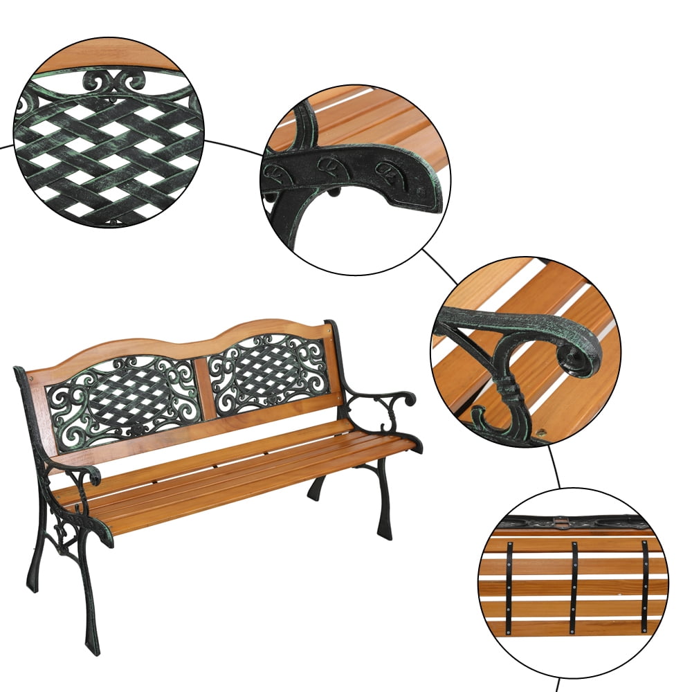 49 Outdoor Bench Garden Bench Patio Porch Chair Deck Hardwood Cast Iron Love Seat Hardwood Slats Bench Furniture Cast with Iron Frame Park Chair with Weave Style Back Bronze Natural