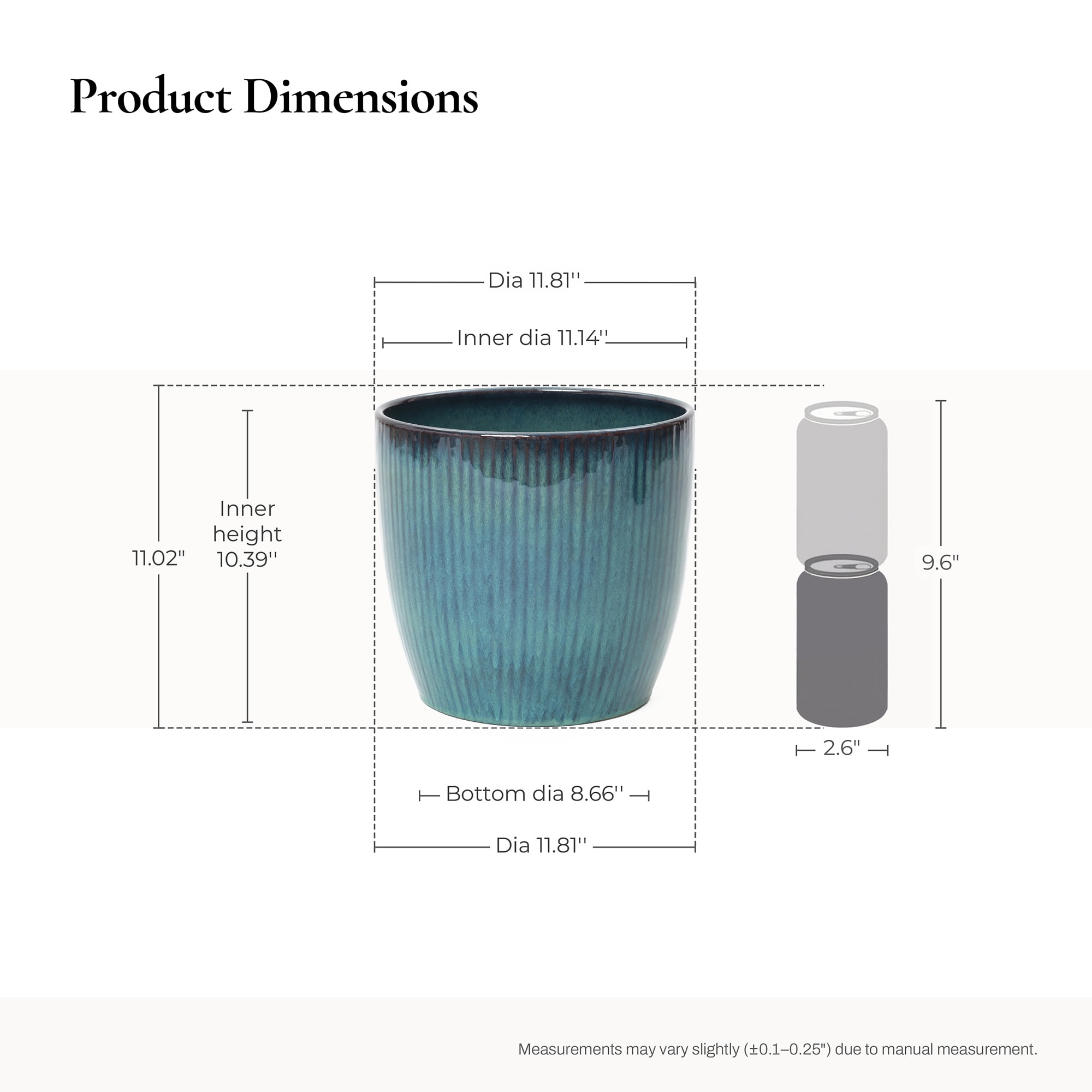 LuxenHome 12" Dia Large Round Plant Pots with Vertical Line Texture, Modern Blue Ceramic Planter for Living Room, Patio, Garden