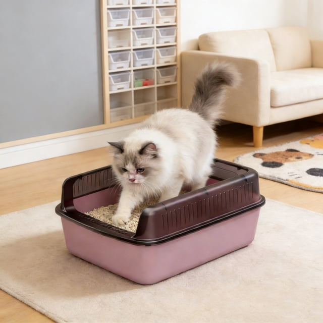 Deeceymbur Semi Enclosed Cat Litter Box with Top Entry Lid High Sided for Odor Control Less Tracking Covered Tray with Scoop Filter Spacious Easy Clean