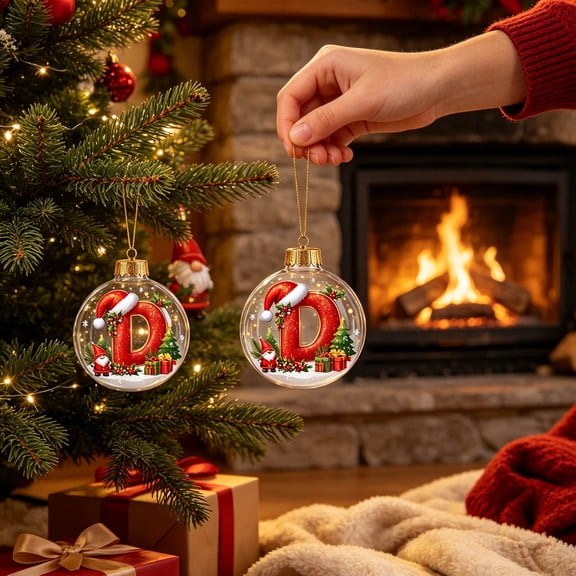 WWC Letter Christmas Ball Ornament, 2D Acrylic LED Hanging Personalized Letter Ornament, Warm Glowing Christmas Tree Decor for Holiday Party Gift, D