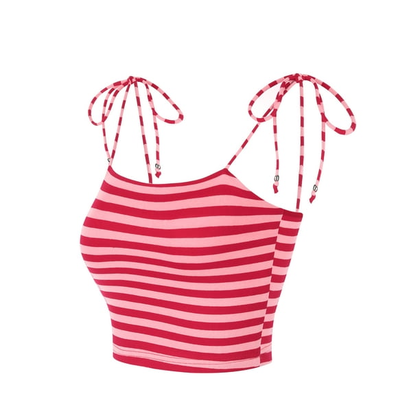 Top sin mangas de verano sin mangas con tirantes finos y tirantes finos con lazo a rayas arcoíris para mujer Rosa Rojo M