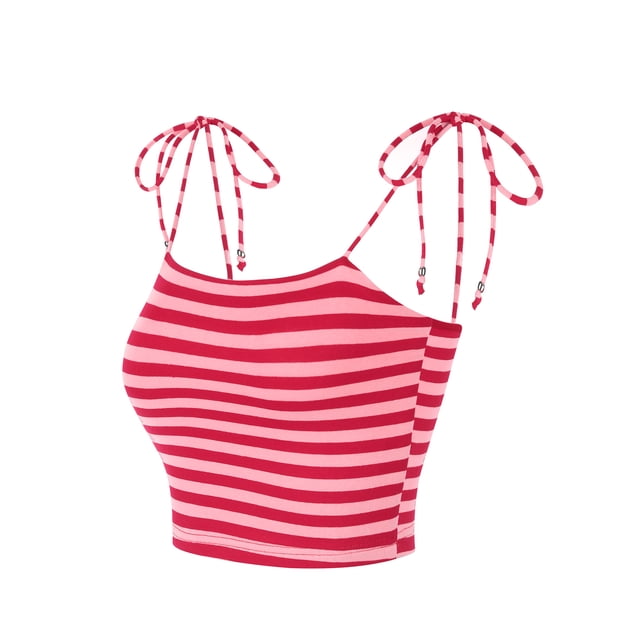 Top sin mangas de verano sin mangas con tirantes finos y tirantes finos con lazo a rayas arcoíris para mujer Rosa Rojo M