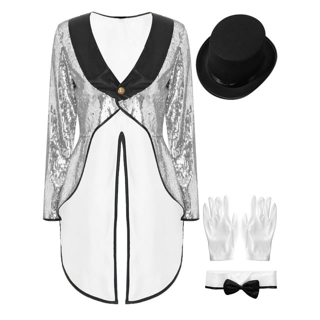 YiZYiF Womens Circus Ringleader Costume Swallow-tailed Coat Jacket Outfits Magician Cosplay Costume Silver S