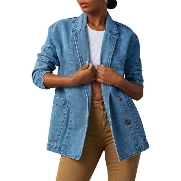 Women'S Denim Jacket with Pocket, Y2K Vintage Autumn Winter Loose Lapel Single-Breasted Cardigan Coat Blue M