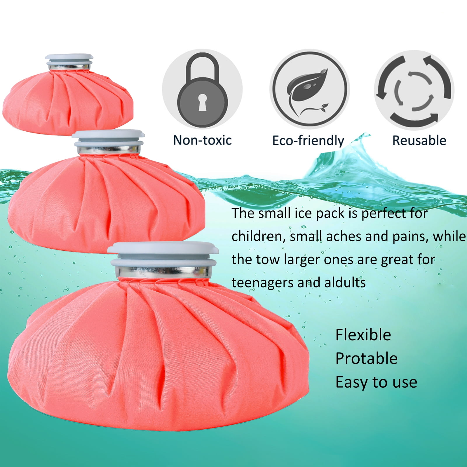 Ueasy Face Elbow Knee Ice Pack for Injuries, Refillable Ice Bag for Pain Relief Cold Compress Therapy for Swelling Bruises Surgery Wisdom Teeth Breastfeeding Headaches 3-Pack 6" 9" 11" - Pink