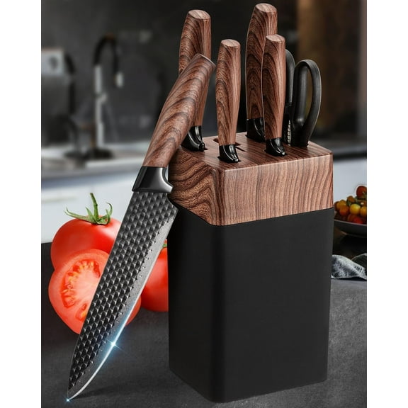 Kitchen Knife Set,Qronge 7 Pcs Knives Block Set with Built in Sharpener Block,Professional German Stainless Steel Knife Block Set,Dishwasher Safe,Black