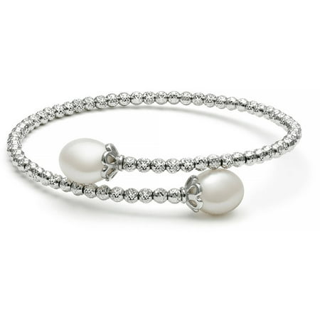 8-9mm Drop Cultured Freshwater Pearl and Faceted Bead Sterling Silver Flex Bangle
