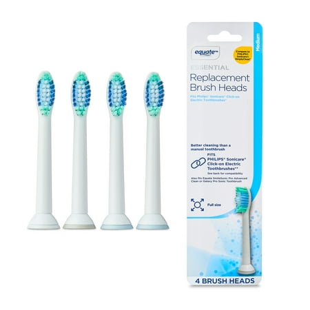 Equate Essential Replacement Toothbrush Brush Heads for Teeth Cleaning for Ages 12 & Up  White  4 Count