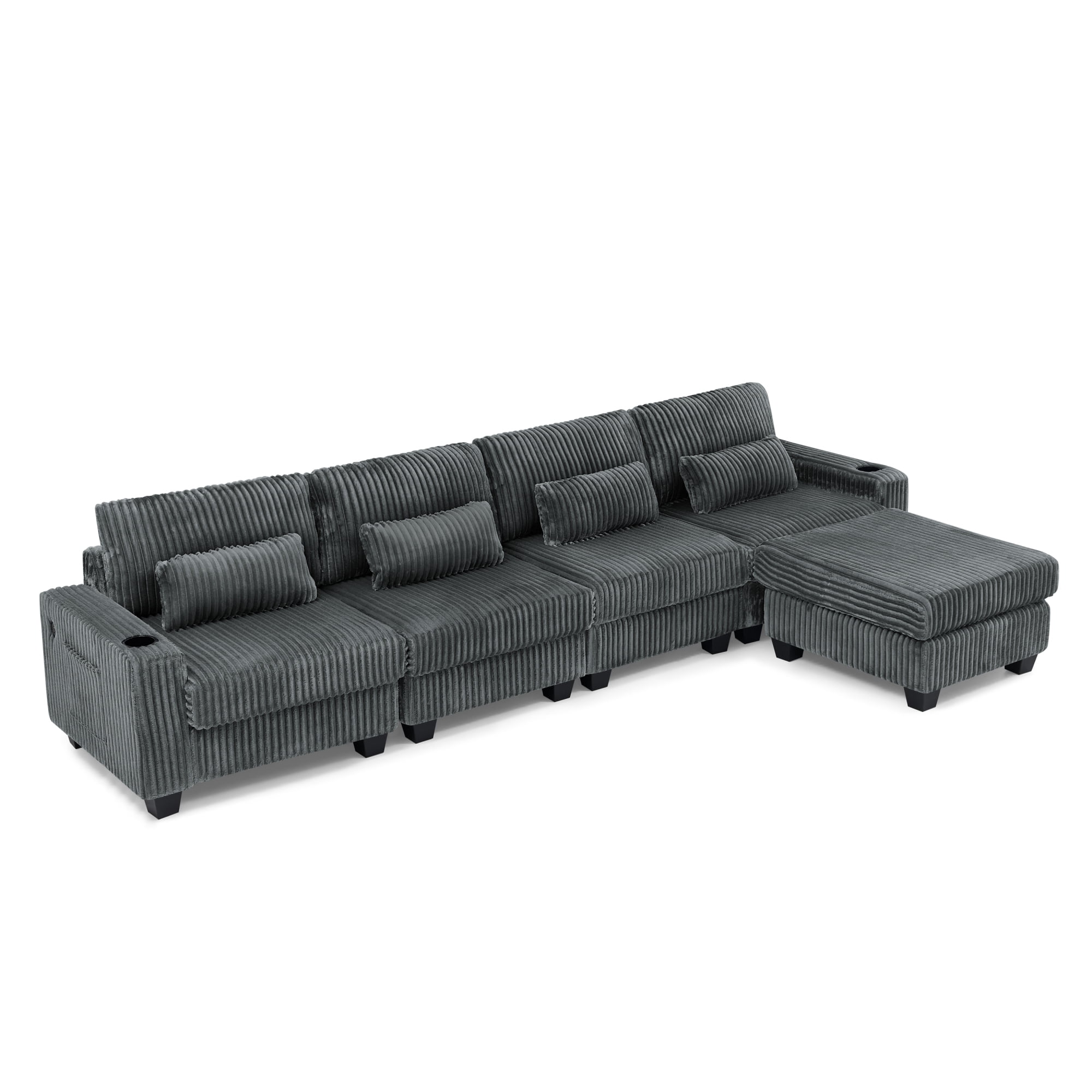 Modular L-Shaped Sectional Sofa with Detachable Ottoman Footrest and Cup Holders, Corduroy 4-Seater Sofa Couch with Side Storage Pockets and Sturdy Plastic Support Feet for Living Room