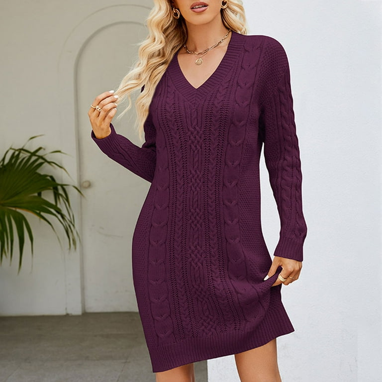 Yyeselk Womens Casual Mini Cable Knit Long Sleeve Dresses Solid