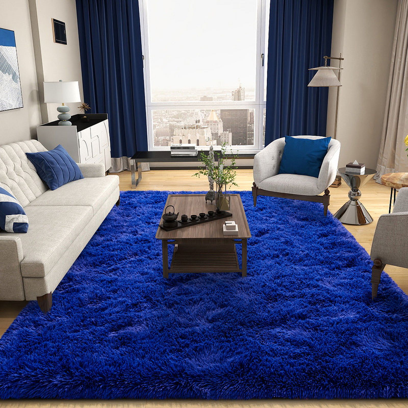 washable rugs 9x12ft Large Fluffy Area Rugs for Bedroom,Bright Blue Soft Carpet Shag Kids Rug with Non-Slip Stickers Rug Pads Living Room Bedroom Father's Day Gifts Decora