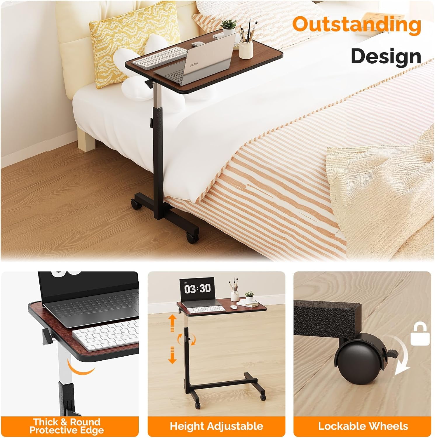 Yunken 23.6 Inch Adjustable Rolling Laptop Desk, Tilting Desktop, Mobile Sit Stand Workstation for Bed Sofa Hospital Reading Eating, (Brown)