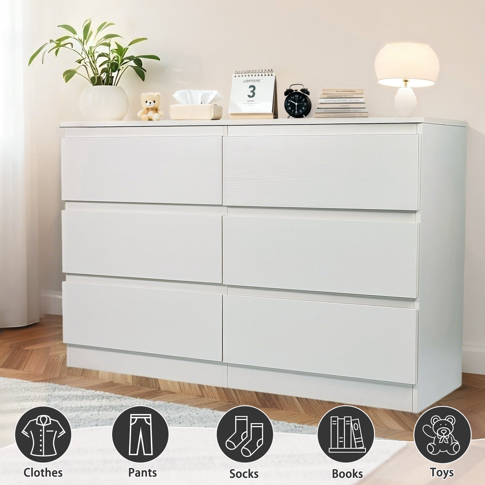 White 6 Drawer Dresser, Modern Dresser for Bedroom, Wood Storage Cabinet with 6 Deep Drawers, Concealed Handles for Living Room, Hallway Entryway