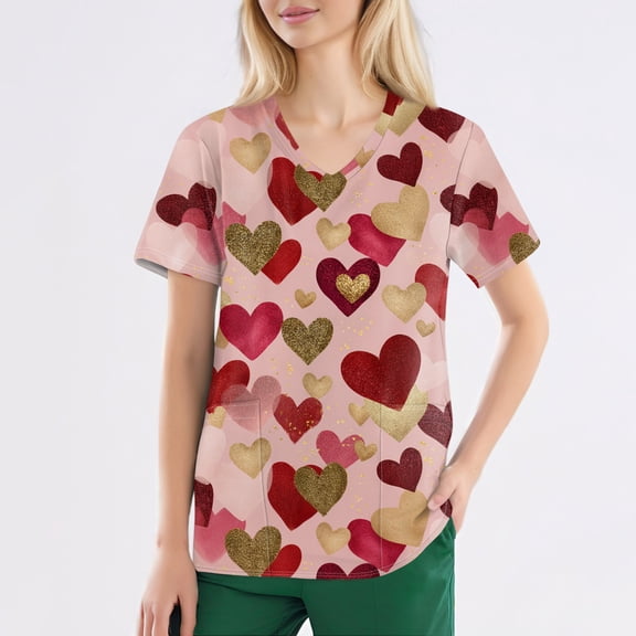 Womens Valentine's Day Scrub Tops Short Sleeve V Neck Scrub Top Love Heart Printed Shirts Valentine's Day Scrubs Tops Working Nurse Uniforms with Pockets
