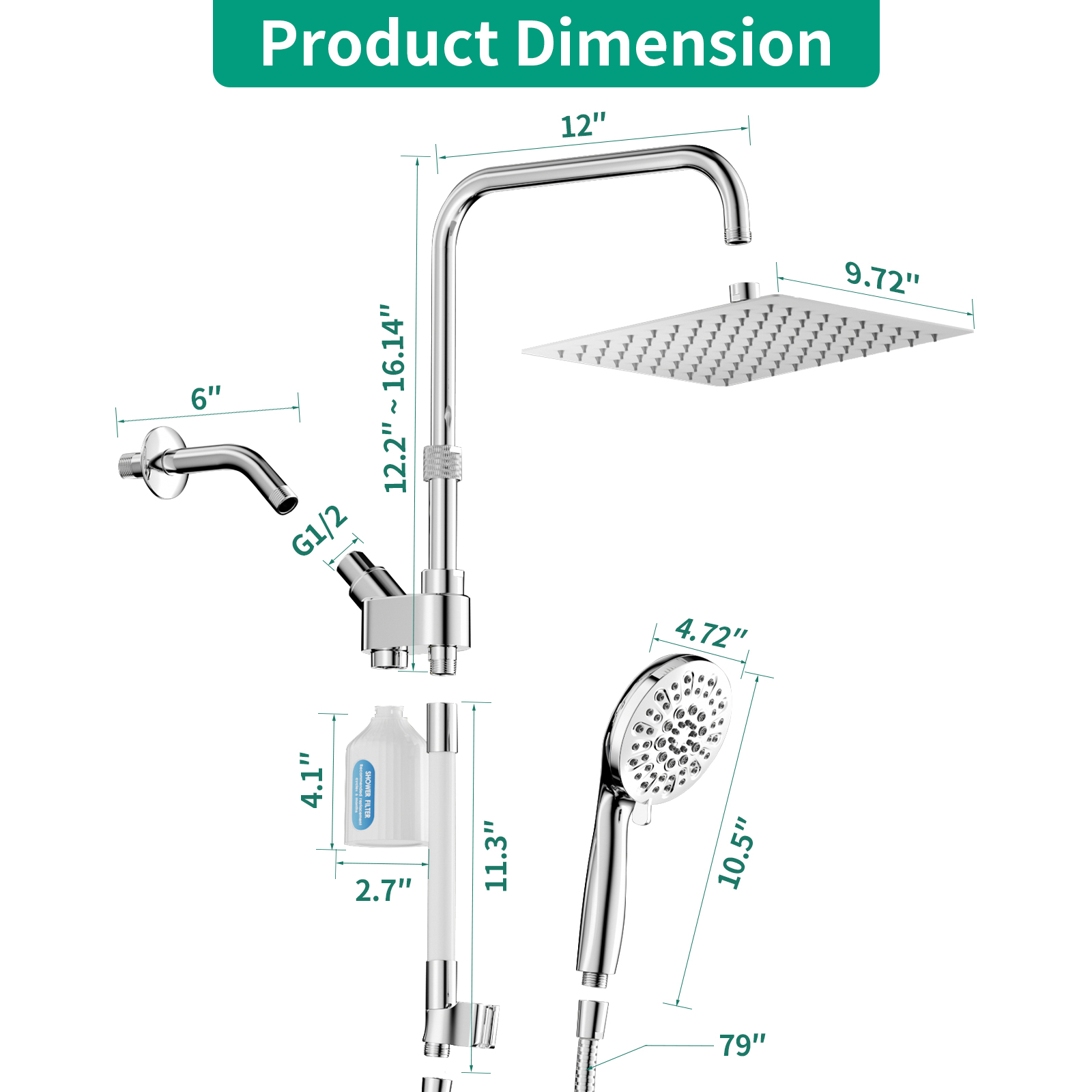 KAIYING Rain Shower Head Combo with Filtration, High Pressure Dual Shower Heads, Handheld Spray, Long Hose & Adjustable Arm