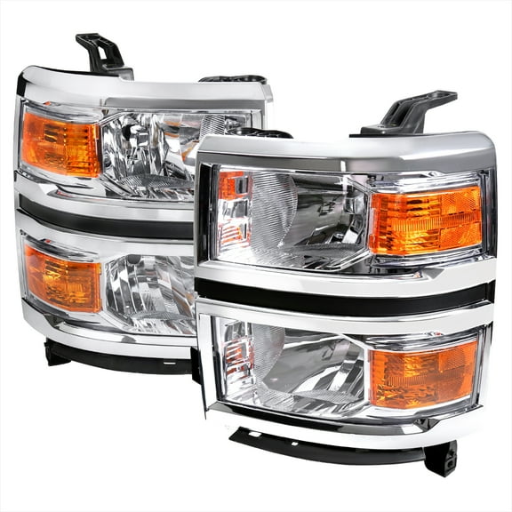Factory Style Headlights w/ Amber Reflectors (Chrome Housing/Clear Lens) Made for and Compatible with 2014-2015 Chevrolet Silverado 1500