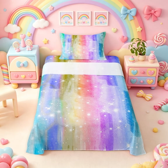 Manfei Ink Rainbow Twin Sheets, Sparkle Star Print Bedding, Blue Violet, 3pcs, 1 Flat Sheet, 1 Fitted Sheet and 1 Pillowcase