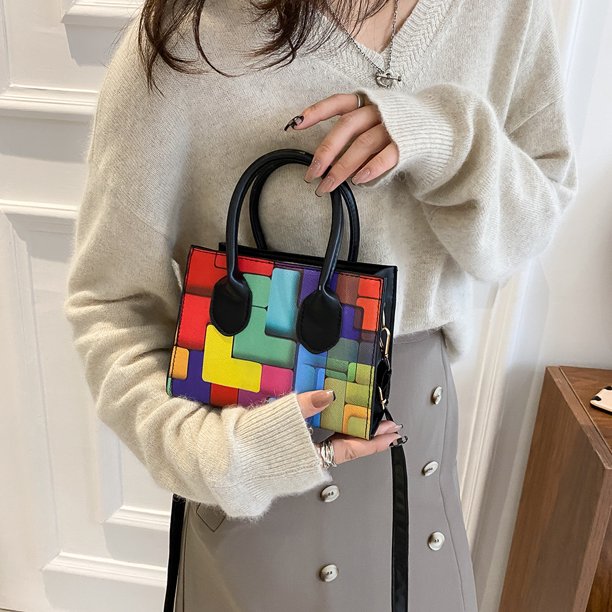 Bolsa de hombro de cuero para mujer bandolera cuadrada de colores Ehuebsd geométricos a la moda