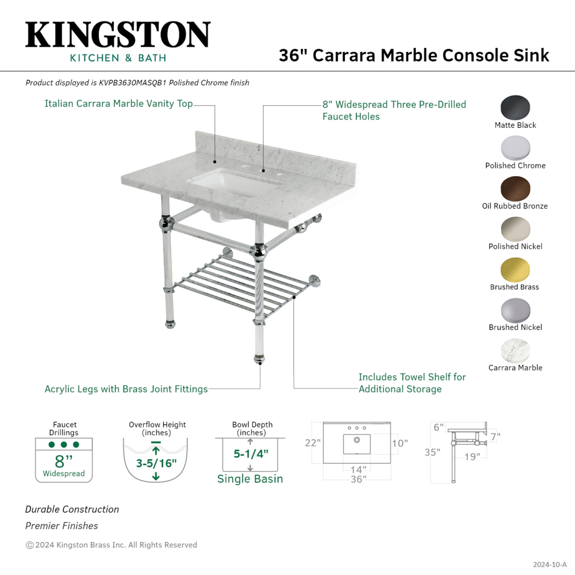Kingston Brass KVPB3630MASQB7 Templeton 36" Carrara Marble Console Sink with Acrylic Legs and Shelf (8-Inch, 3-Hole), Carrara Marble White/Brushed Brass