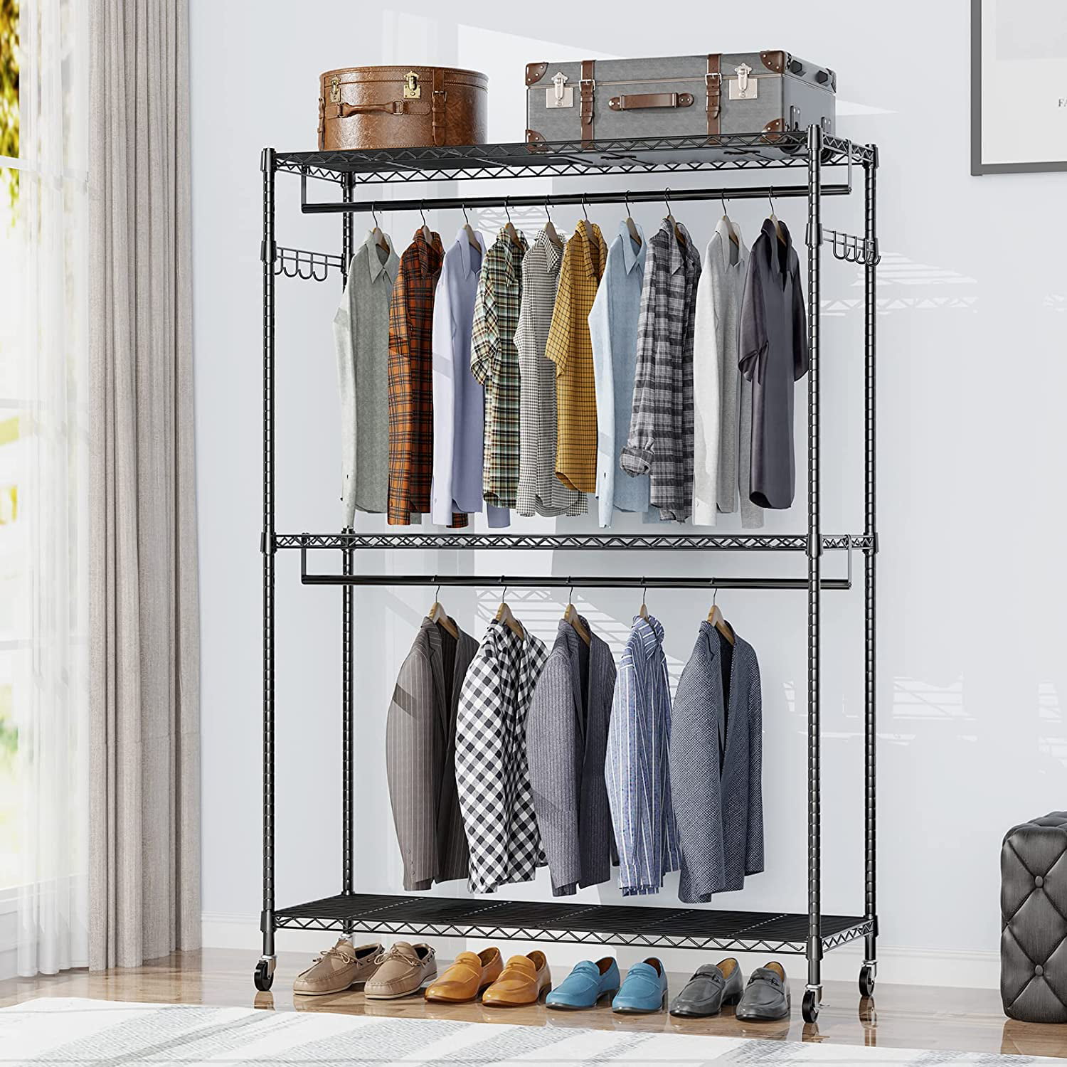 Expandable Shelf Closet Organizer-Storage Adjustable Rack Hanger Rod Bar Clothes 