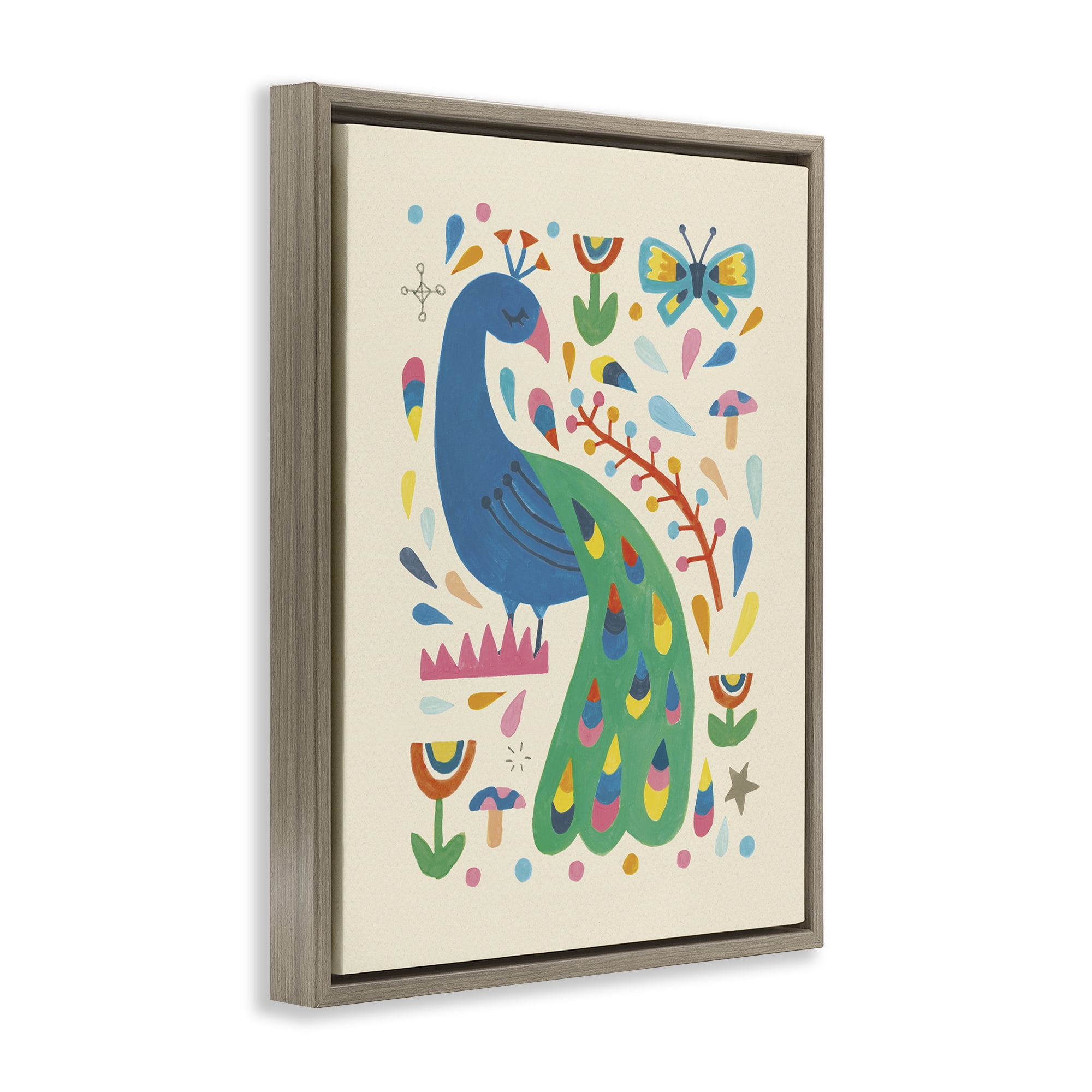 Stupell Industries Pretty Peacock Patterns Animals Painting Brown Floater Framed Canvas Art Print Wall Art, 25 x 31