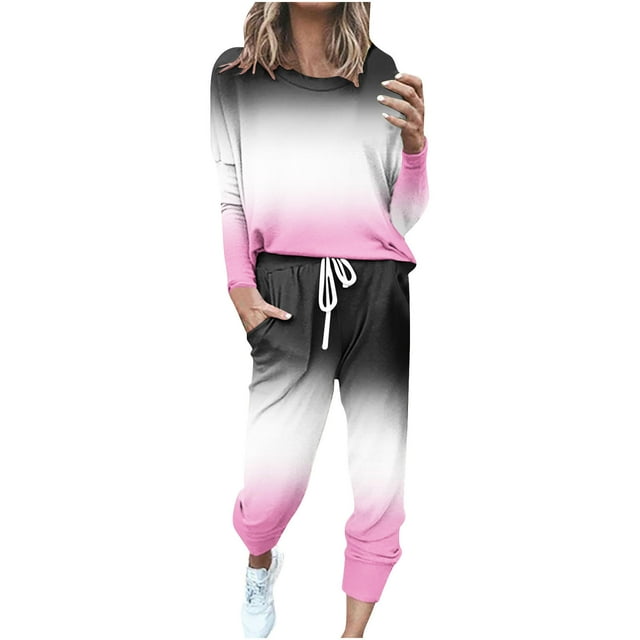 KIHOUT Sweatsuit for Women 2 Piece Outfits Gradation Print Long Sleeve Round Neck Tops Casual Darstring Pants Jogger Lounge Set