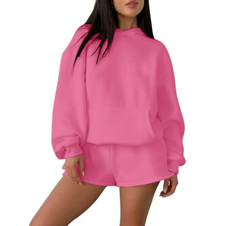 FAIWAD 2 Piece Sweatshirt Set for Women Solid Color Hooded Sweatshirt with Shorts Casual Oversized Tracksuit