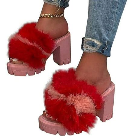 

Lyinloo Womens Slippers Square Heel Platform Casual Large Size Fashion Platform Shoes Pink 35