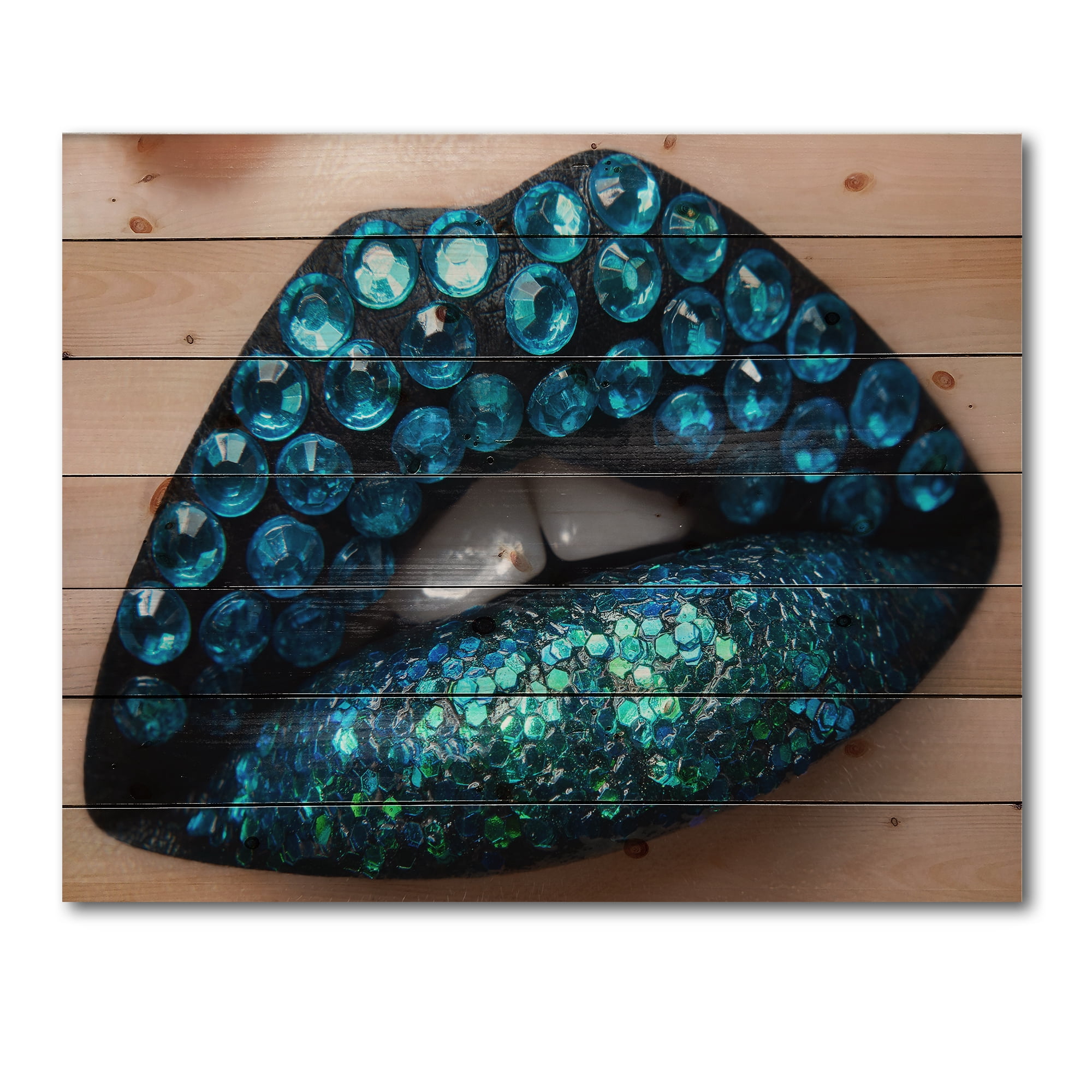 Designart 'Woman Lips With Black Lipstick Blue Diamonds' Modern Print on Natural Pine Wood