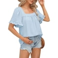 thumbnail image 5 of ManxiVoo Women's Trendy Summer Top Short Sleeve Flared Ruffle Sleeve Square Neck Loose Fit Casual Shirt Breezy Seasonal Style XL Size Light Blue, 5 of 5