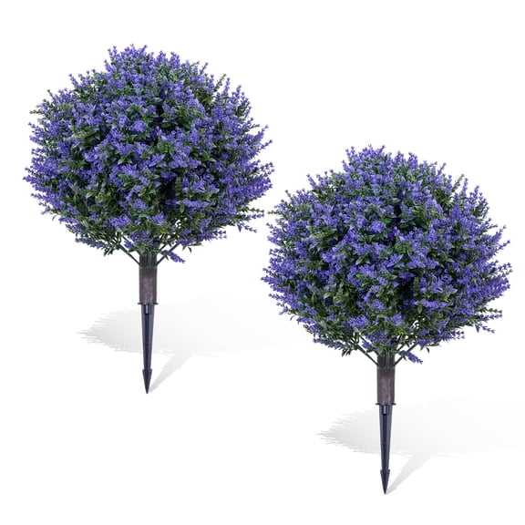 2 Pack Artificial Lavender Topiary Balls 23.6 Inch, UV Resistant Faux Plants with Stakes for Outdoor Indoor Decor