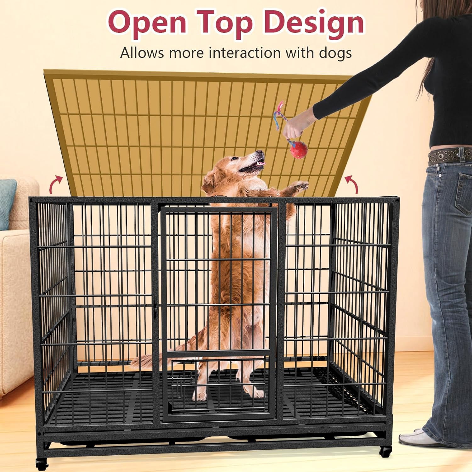Jhsomdr 42 inch Heavy Duty Dog Crate with Wheels, Indestructible Dog Crate for High Anxiety, Escape Proof Dog Cage Large Dog Kennel with Double Door & Removable Tray
