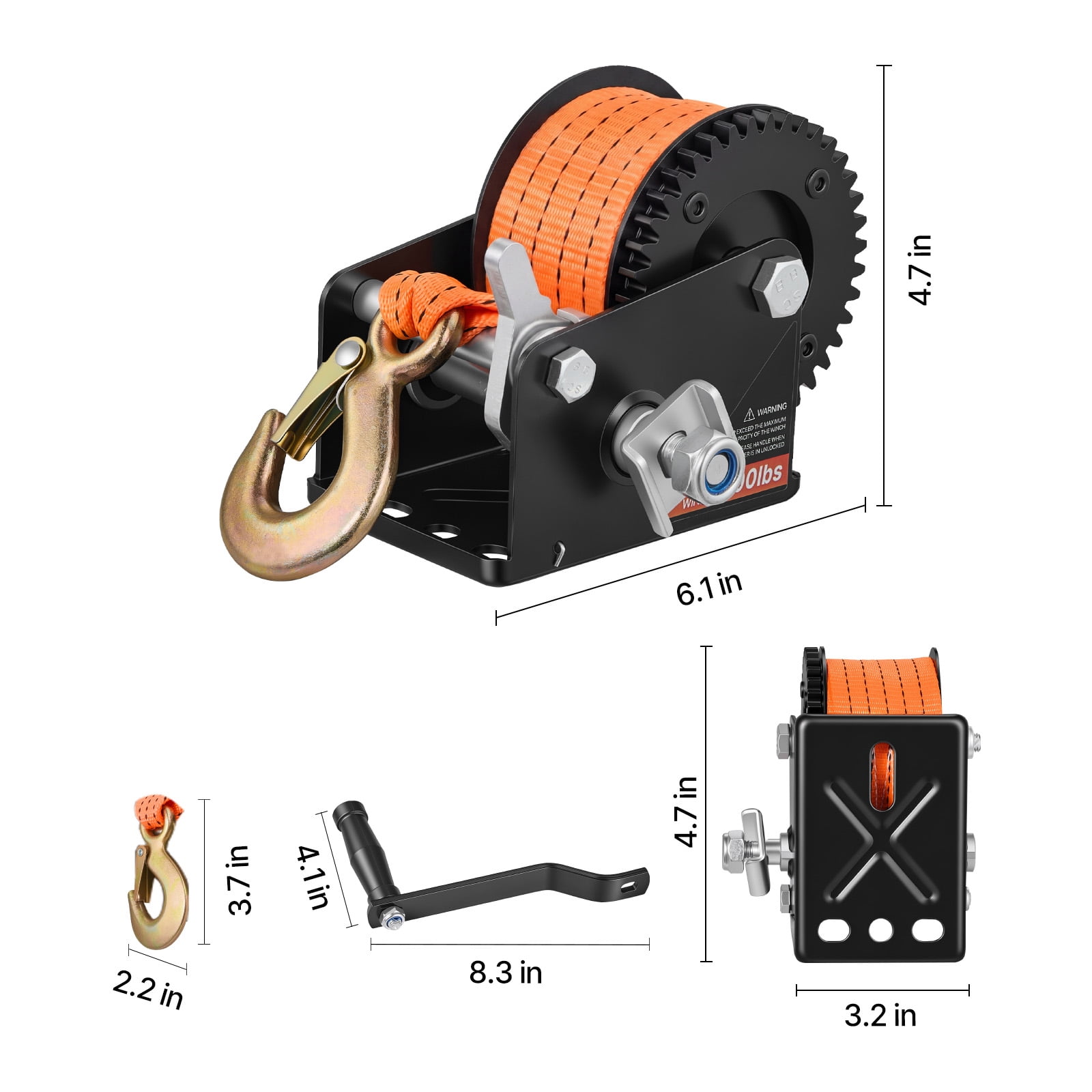 KFFKFF 600 lbs Hand Winch, Durable Manual Rope Crank with 20ft Orange Polyester Strap, Two-Way Ratchet, Anti-Slip Handle for Boat Trailer and ATV Towing