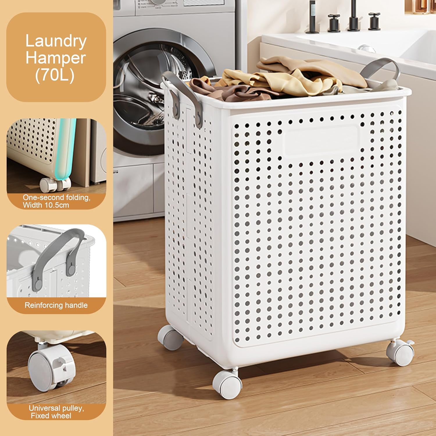XZKING 50L Foldable Laundry Hamper Rolling Laundry Basket Cart with Wheels Collapsible
